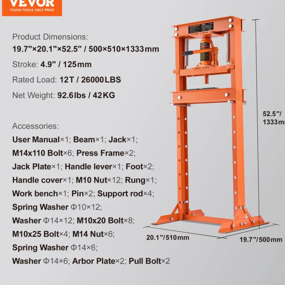 VEVOR Hydraulic Shop Press, 12 Ton H-Frame Hydraulic Garage/Shop Floor Press, Adjustable Shop Press with Press Plates, Heavy Duty Hydraulic Press for Garage, Shop, Workshop