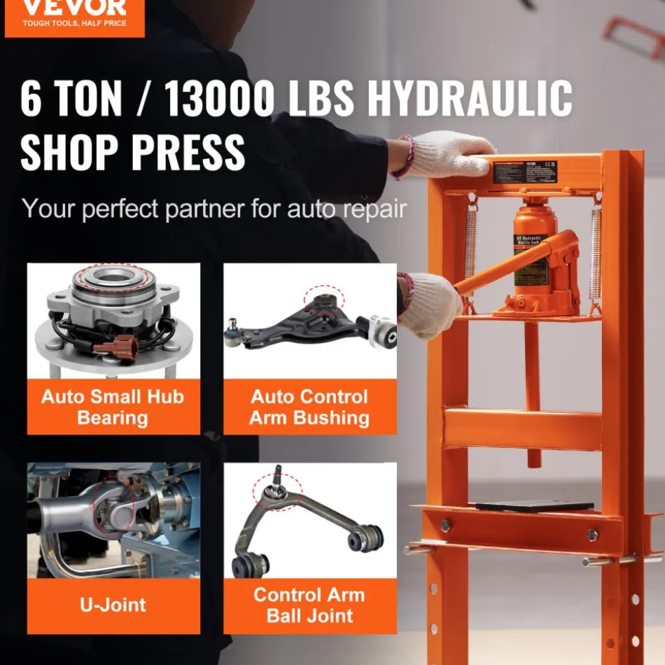 VEVOR Hydraulic Shop Press, 6 Ton H-Frame Hydraulic Garage/Shop Floor Press, Adjustable Shop Press with Press Plates, Heavy Duty Hydraulic Press for Garage, Shop, Workshop