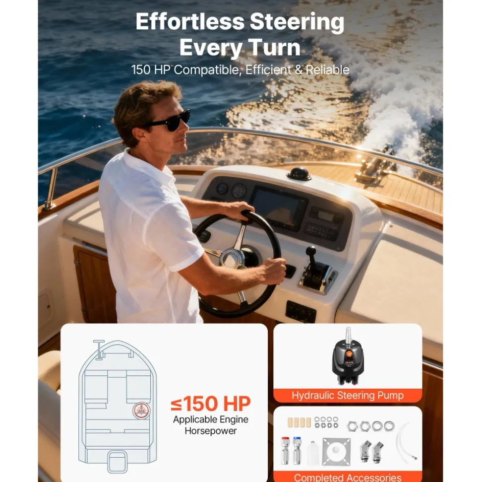 VEVOR Hydraulic Steering Helm Pump, 150 HP, Helm Pump for Boat, with 6.9 MPa/1000 psi Max Working Pressure, Aluminum Alloy Housing, Check Valve, Replaceable Shaft Seal, for Outboards Fishing Boats