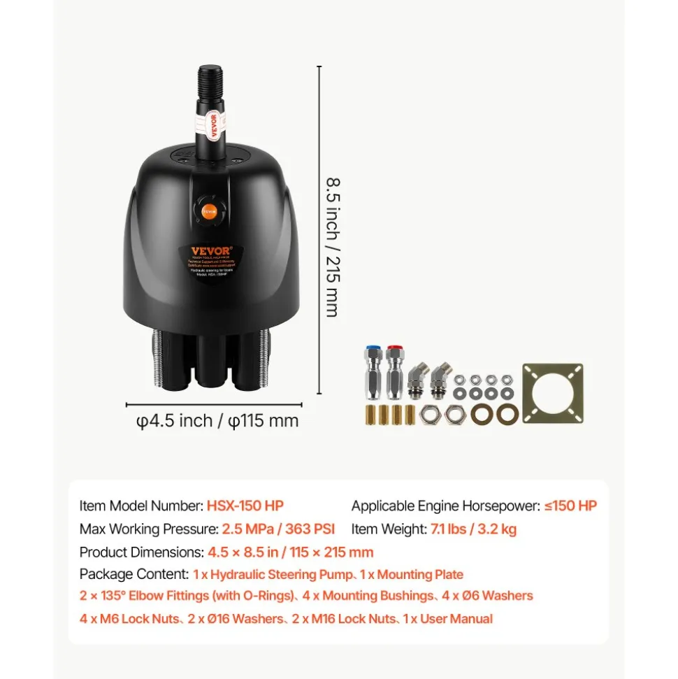 VEVOR Hydraulic Steering Helm Pump 150 HP Outboard Hydraulic Pump for Boats, Marine Boat Steering System, 2.5 MPa Max Work Pressure, Aluminum Alloy Housing, Built-in Lock Valve, Replaceable Shaft Seal