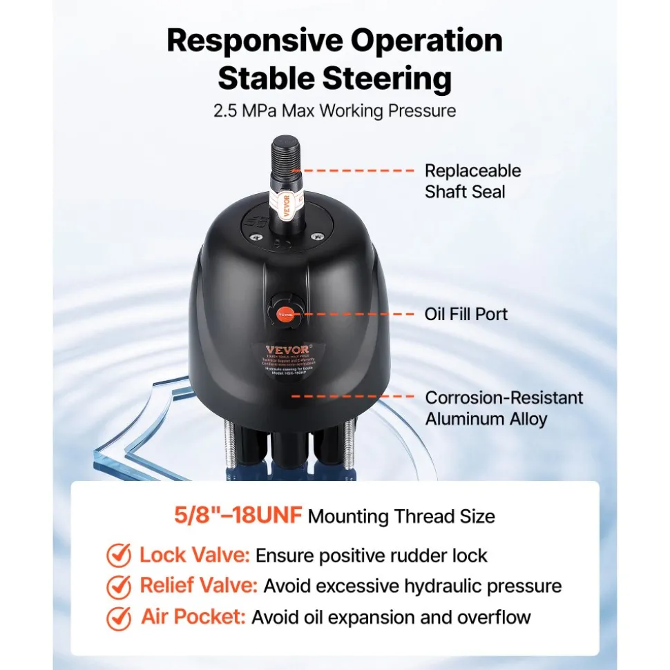 VEVOR Hydraulic Steering Kit 150HP Hydraulic Outboard Steering System 20 ft, Marine Boat Steering System, 2.5 MPa Helm Pump, Two-Way Lock Cylinder, 20 Feet High-Strength Hoses, for Single-Engine Use
