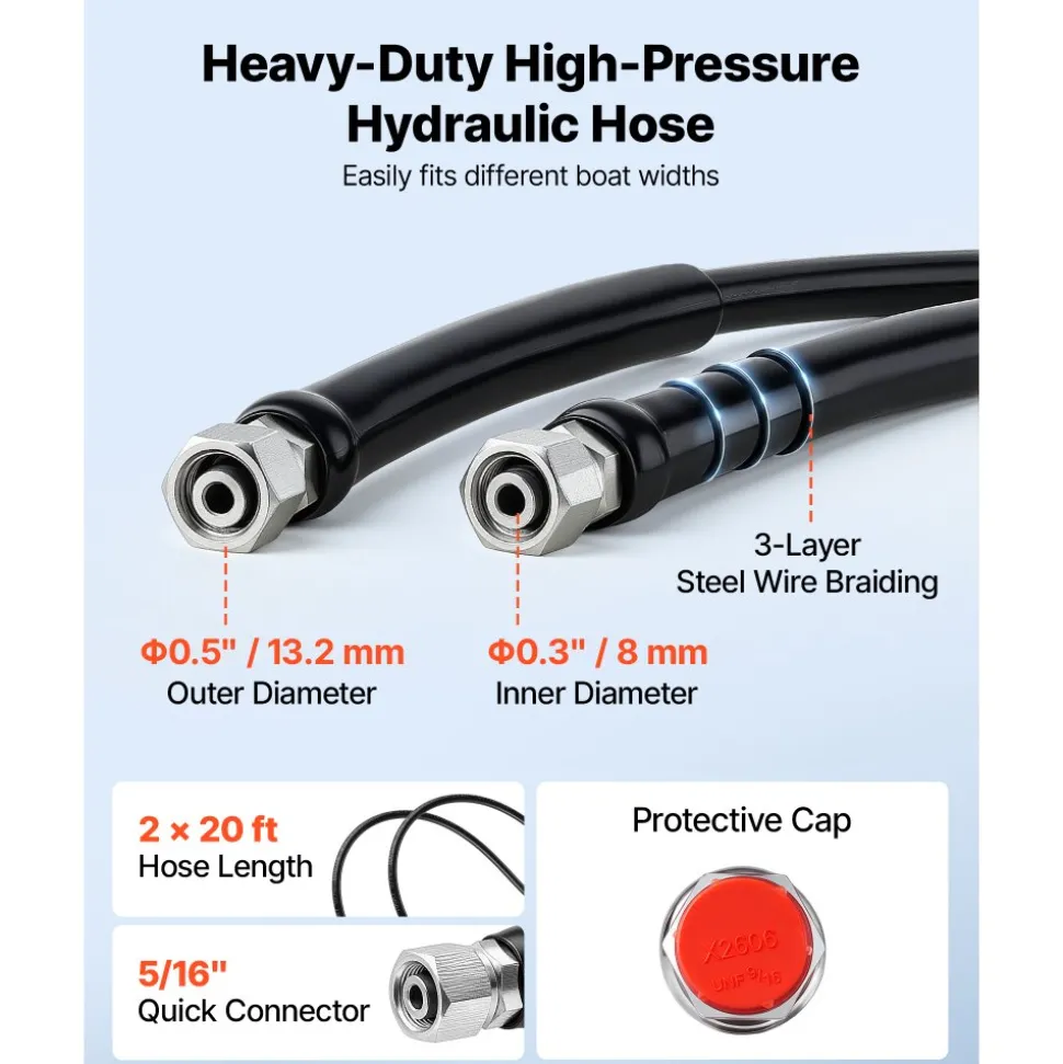 VEVOR Hydraulic Steering Kit 150HP Hydraulic Outboard Steering System 20 ft, Marine Boat Steering System, 2.5 MPa Helm Pump, Two-Way Lock Cylinder, 20 Feet High-Strength Hoses, for Single-Engine Use