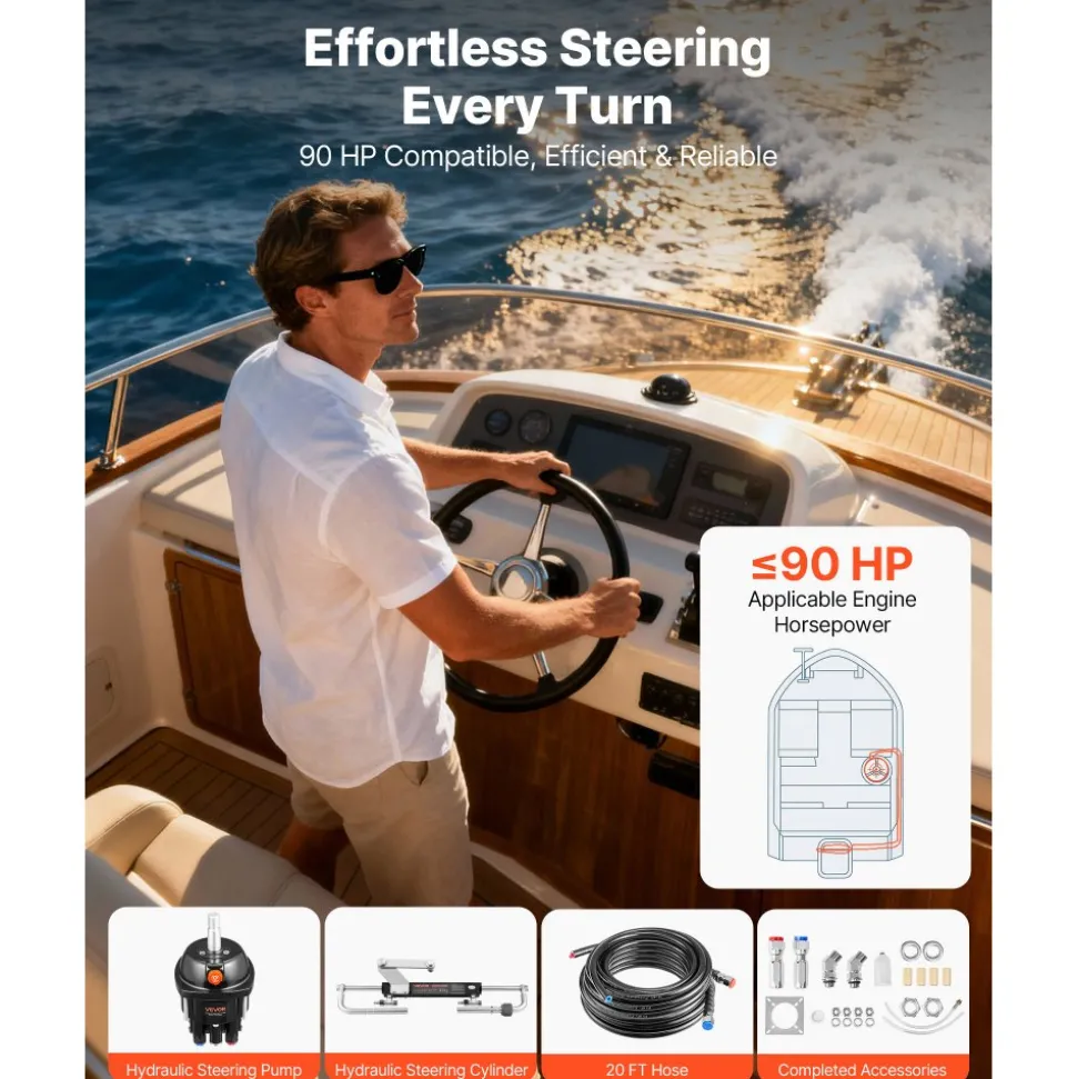 VEVOR Hydraulic Steering Kit, 90 HP, Marine Boat Hydraulic Steering System, with 6.9 MPa/1000 psi Helm Pump, Two-Way Lock Cylinder, and 20 ft High-Strength Hoses, for Single Station, Single-Engine Use