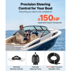 VEVOR Hydraulic Steering Kit 150HP Hydraulic Outboard Steering System 24 ft, Marine Boat Steering System, 2.5 MPa Helm Pump, Two-Way Lock Cylinder, 24 Feet High-Strength Hoses, for Single-Engine Use