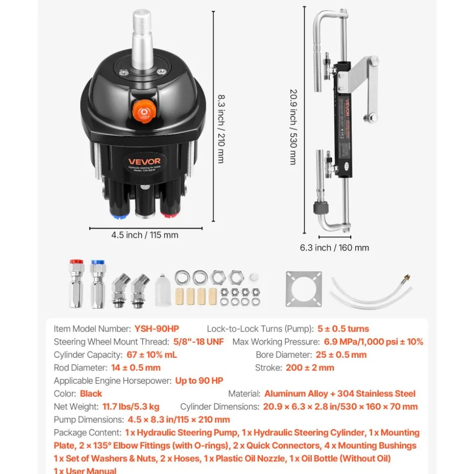 VEVOR Hydraulic Steering Kit, 90 HP, Hydraulic Steering Helm Pump & Cylinder, with 6.9 MPa/1000 psi Max Working Pressure, Aluminum Alloy Housing, Check Valve, for Outboards Fishing Boats Sailboats
