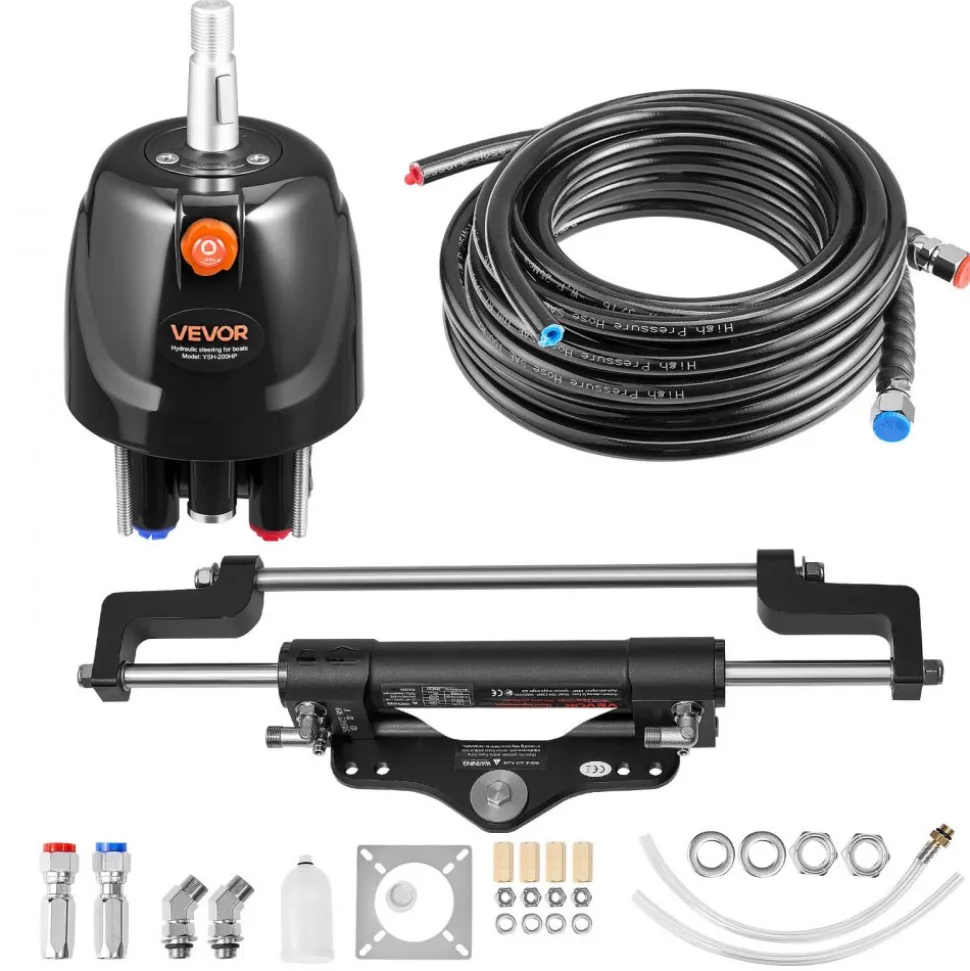 VEVOR Hydraulic Steering Kit, 200 HP, Marine Boat Hydraulic Steering System, with 6.9 MPa/1000 psi Helm Pump, Two-Way Lock Cylinder, and 26ft High-Strength Hoses, for Single Station, Single-Engine Use