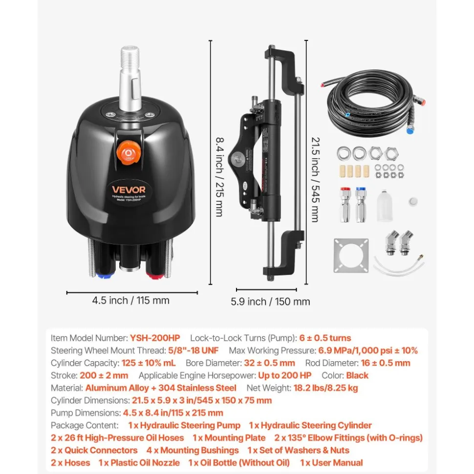VEVOR Hydraulic Steering Kit, 200 HP, Marine Boat Hydraulic Steering System, with 6.9 MPa/1000 psi Helm Pump, Two-Way Lock Cylinder, and 26ft High-Strength Hoses, for Single Station, Single-Engine Use