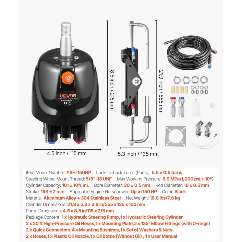 VEVOR Hydraulic Steering Kit, 150 HP, Marine Boat Hydraulic Steering System, with 6.9 MPa/1000 psi Helm Pump, Two-Way Lock Cylinder, and 20ft High-Strength Hoses, for Single Station, Single-Engine Use