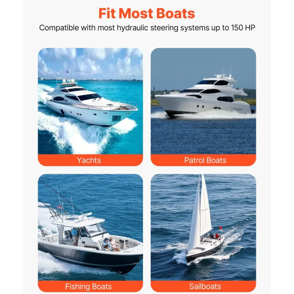 VEVOR Hydraulic Steering Kit, 150 HP, Marine Boat Hydraulic Steering System, with 6.9 MPa/1000 psi Helm Pump, Two-Way Lock Cylinder, and 20ft High-Strength Hoses, for Single Station, Single-Engine Use