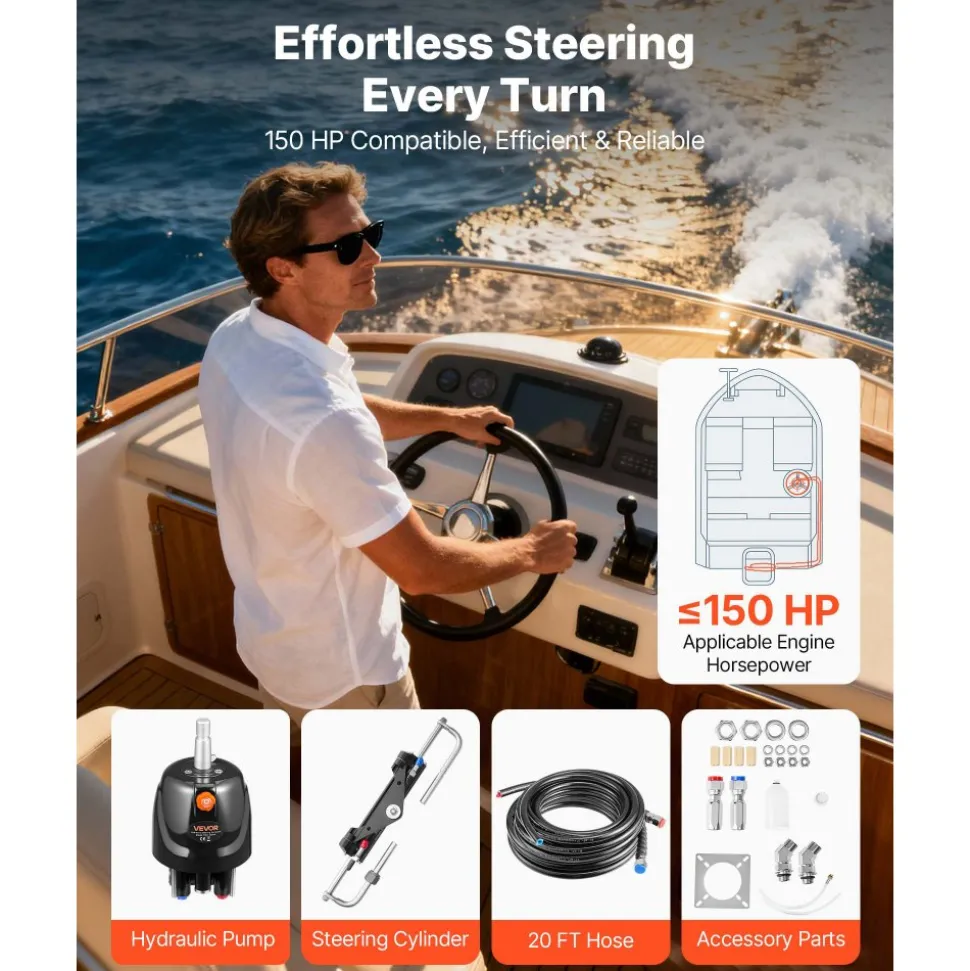 VEVOR Hydraulic Steering Kit, 150 HP, Marine Boat Hydraulic Steering System, with 6.9 MPa/1000 psi Helm Pump, Two-Way Lock Cylinder, and 20ft High-Strength Hoses, for Single Station, Single-Engine Use