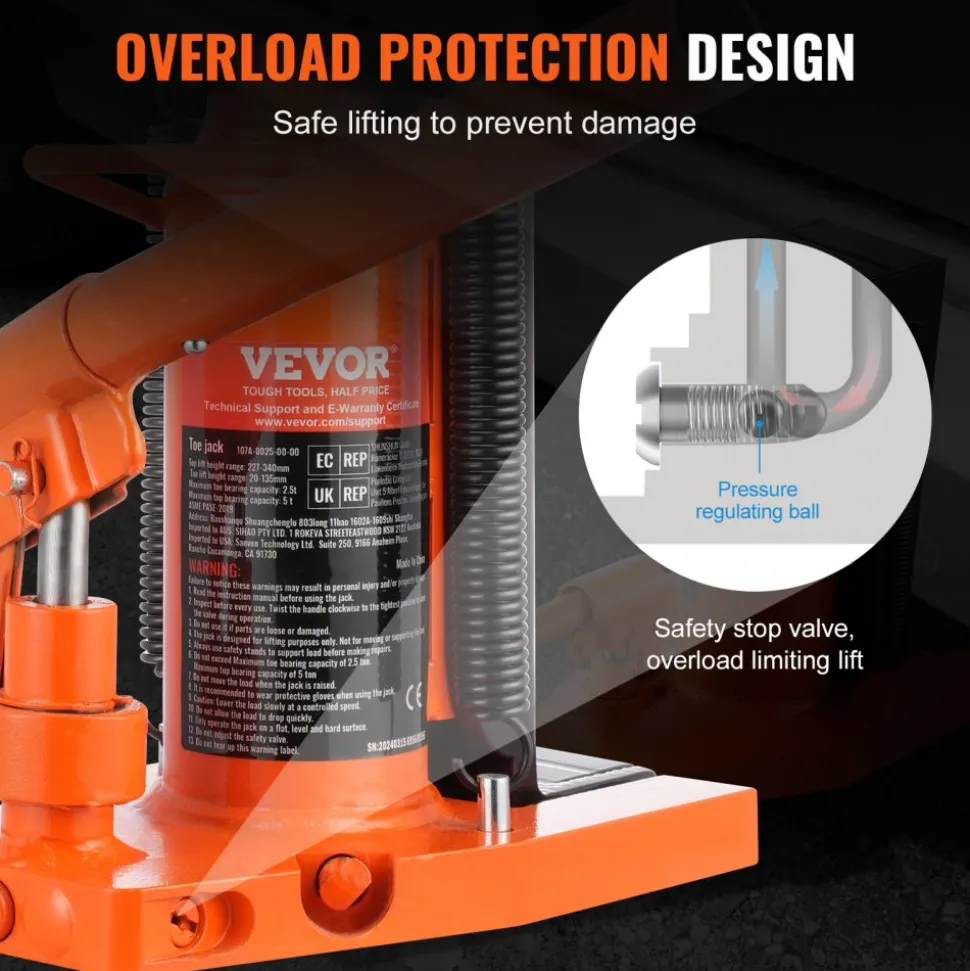 VEVOR Hydraulic Toe Jack, 2.5 Ton On Toe Toe Jack Lift, 5 Ton On Top Lift Capacity Machine Jack, 0.8-5.3 in Toe Height, 8.9-13.4 in Top Height, Air Hydraulic Claw Jack for Machinery, Industry