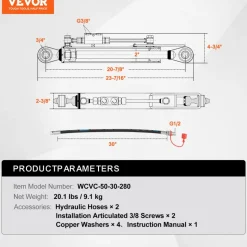 VEVOR Hydraulic Top Link Cat.1-1 (11 in, 20-7/8~31-7/8 in ), Hydraulic Cylinder with 2 Hoses & G3/8
