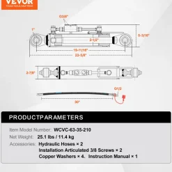 VEVOR Hydraulic Top Link Cat. 2-2(8-5/16 in, 19-11/16~28 in), Hydraulic Cylinder with 2 Hoses & G3/8