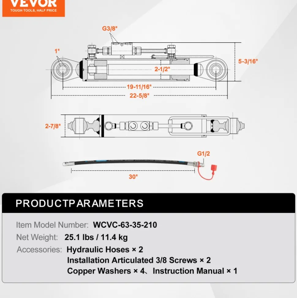 VEVOR Hydraulic Top Link Cat. 2-2(8-5/16 in, 19-11/16~28 in), Hydraulic Cylinder with 2 Hoses & G3/8" Check Valve