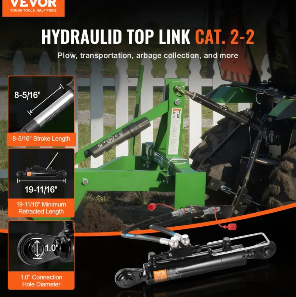 VEVOR Hydraulic Top Link Cat. 2-2(8-5/16 in, 19-11/16~28 in), Hydraulic Cylinder with 2 Hoses & G3/8" Check Valve
