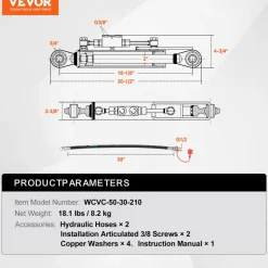 VEVOR Hydraulic Top Link Cat.1-1 (8-1/4 in, 18-1/8~26-3/8 in ), Hydraulic Cylinder with 2 Hoses & G3/8" Check Valve