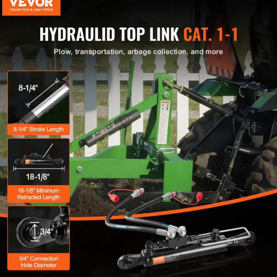 VEVOR Hydraulic Top Link Cat.1-1 (8-1/4 in, 18-1/8~26-3/8 in ), Hydraulic Cylinder with 2 Hoses & G3/8" Check Valve