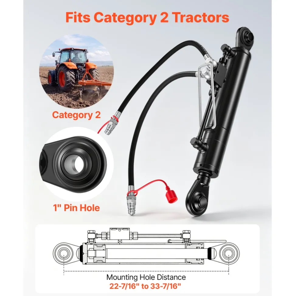 VEVOR Hydraulic Top Link Cat. 2-2 (11 in Stroke, 22-7/16 in to 33-7/16 in), Max 2900PSI Hydraulic Cylinder with 2 Hoses & G3/8" Check Valves for Tractors