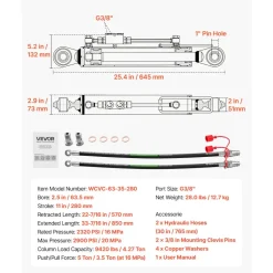 VEVOR Hydraulic Top Link Cat. 2-2 (11 in Stroke, 22-7/16 in to 33-7/16 in), Max 2900PSI Hydraulic Cylinder with 2 Hoses & G3/8