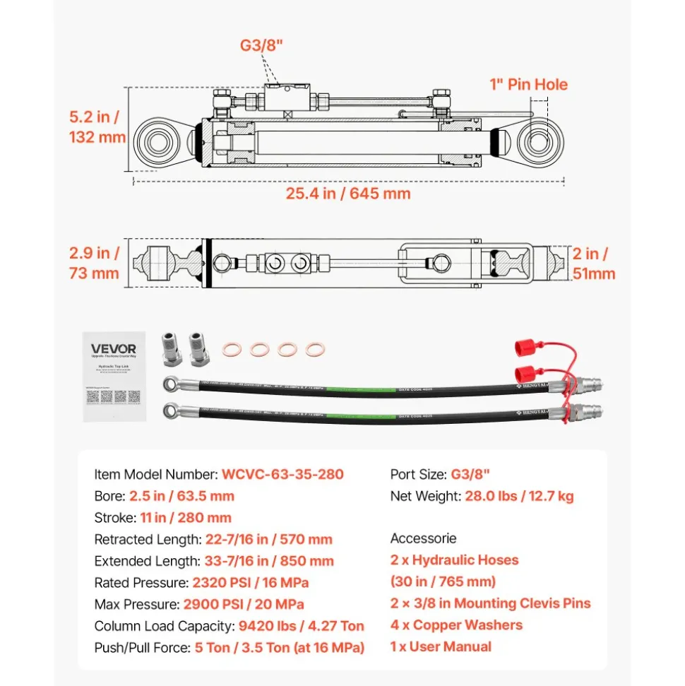 VEVOR Hydraulic Top Link Cat. 2-2 (11 in Stroke, 22-7/16 in to 33-7/16 in), Max 2900PSI Hydraulic Cylinder with 2 Hoses & G3/8" Check Valves for Tractors