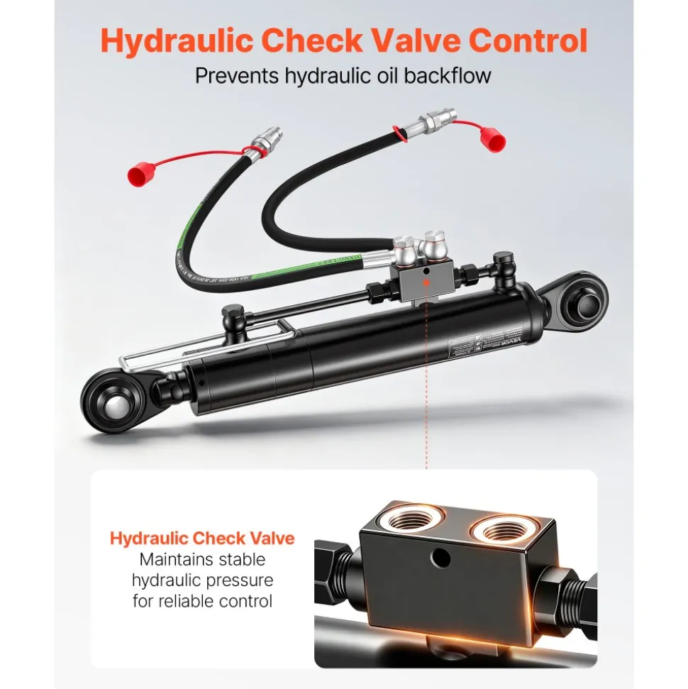 VEVOR Hydraulic Top Link Cat. 2-2 (11 in Stroke, 22-7/16 in to 33-7/16 in), Max 2900PSI Hydraulic Cylinder with 2 Hoses & G3/8" Check Valves for Tractors