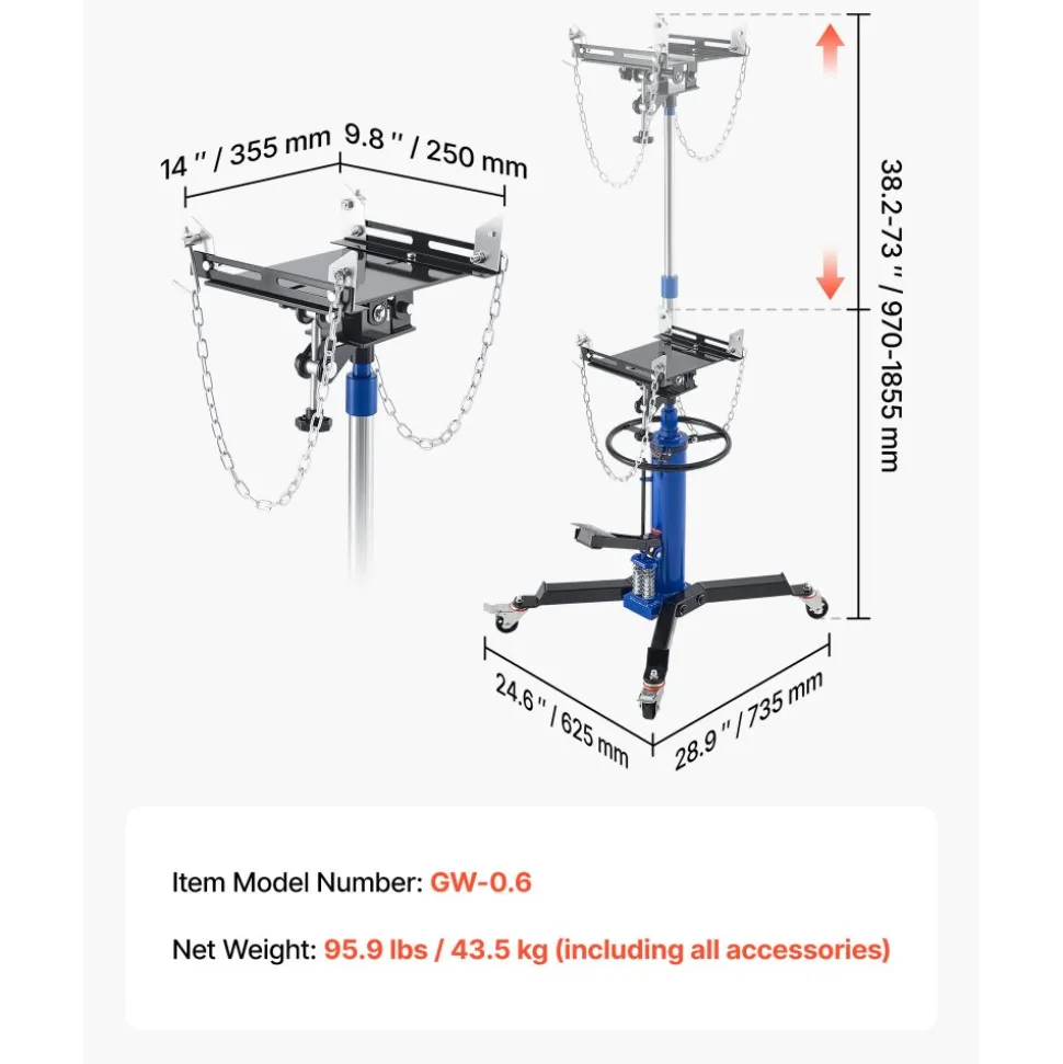 VEVOR Hydraulic Transmission Jack, 1322 lbs / 0.6 Ton Lifting Capacity Telescoping Transmission Jack with Foot Pedal, Dual Telescopic Trans, 34.6-69.3 in High Lifting Height, Garage/Shop Lift Hoist