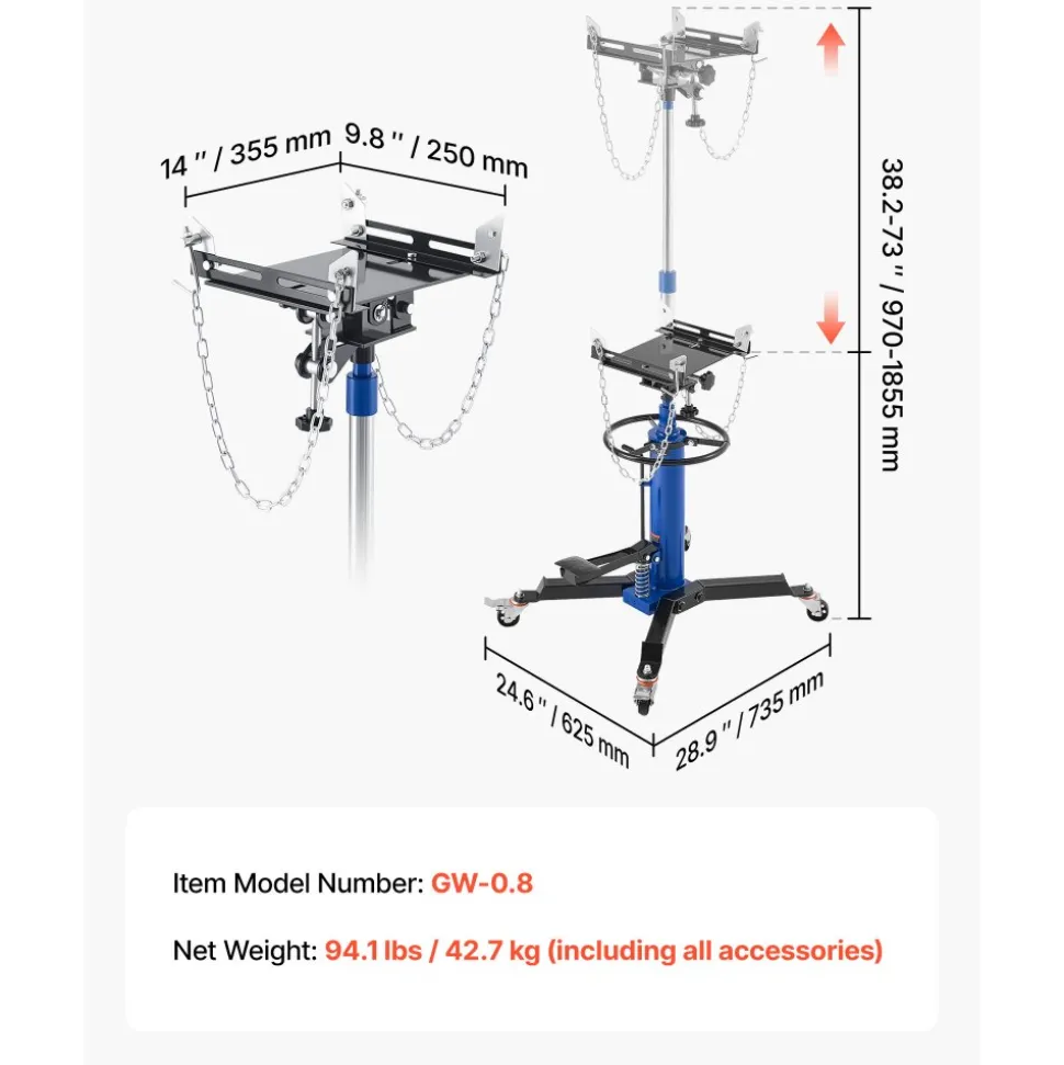 VEVOR Hydraulic Transmission Jack, 1660 lbs / 0.75 Ton Lifting Capacity Telescoping Transmission Jack with Foot Pedal, 360° Swivel Wheel, 34.6-69.3 in High Lifting Height, Lift Hoist for Garage/Shop
