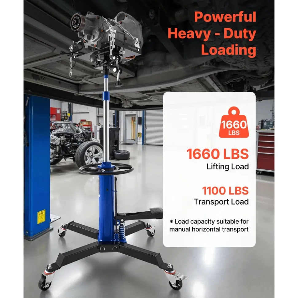 VEVOR Hydraulic Transmission Jack, 1660 lbs / 0.75 Ton Lifting Capacity Telescoping Transmission Jack with Foot Pedal, 360° Swivel Wheel, 34.6-69.3 in High Lifting Height, Lift Hoist for Garage/Shop