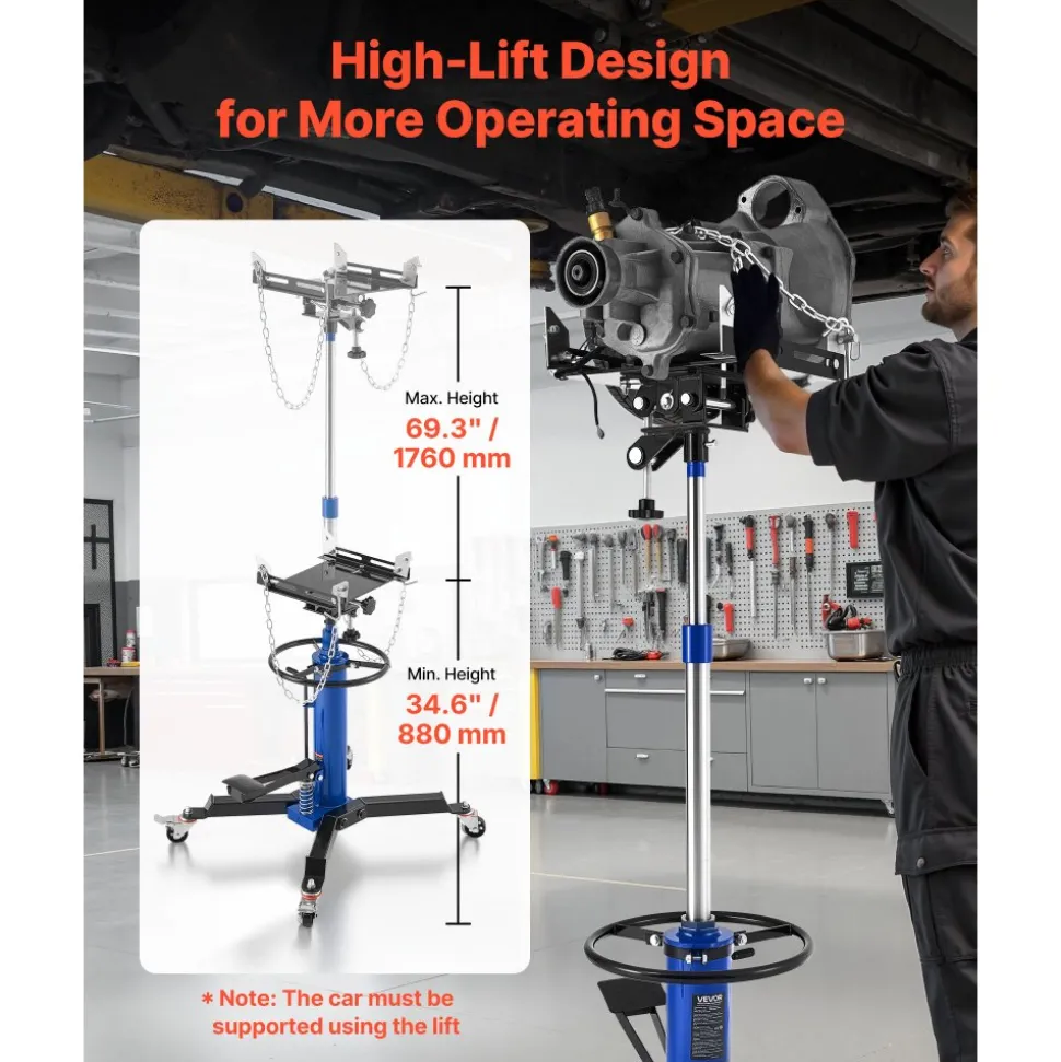 VEVOR Hydraulic Transmission Jack, 1660 lbs / 0.75 Ton Lifting Capacity Telescoping Transmission Jack with Foot Pedal, 360° Swivel Wheel, 34.6-69.3 in High Lifting Height, Lift Hoist for Garage/Shop