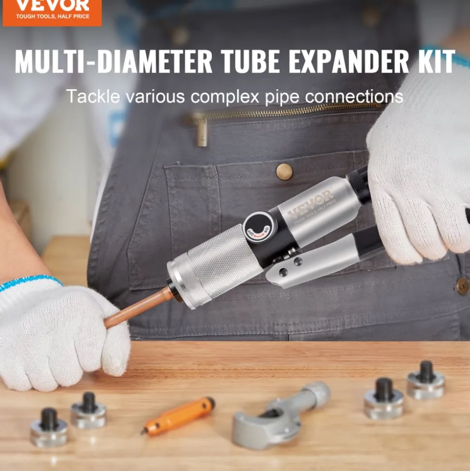 VEVOR Hydraulic Tube Expander, 3/8" to 1-1/8" OD, HAVC Hydraulic Swaging Tool with 7 Pipe Expander Heads, Deburring Tool, Pipe Cutter for Copper Aluminum Brass Soft Steel Pipes