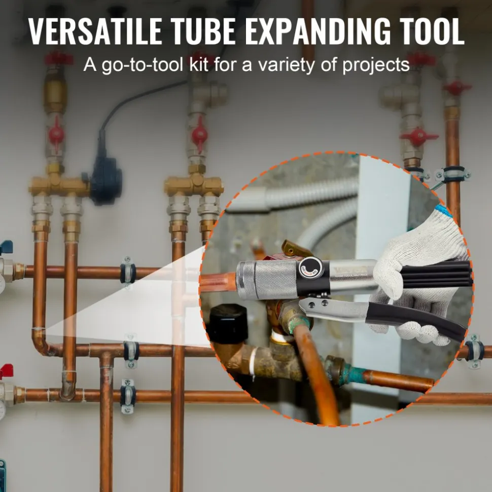 VEVOR Hydraulic Tube Expander, 3/8" to 1-1/8" OD, HAVC Hydraulic Swaging Tool with 7 Pipe Expander Heads, Deburring Tool, Pipe Cutter for Copper Aluminum Brass Soft Steel Pipes
