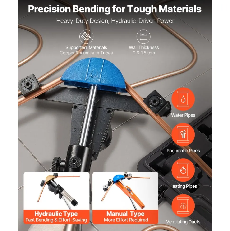 VEVOR Hydraulic Tubing Bender Kit, 1/4 to 7/8 Inch, Copper Tube Pipe Bender, HVAC Bending Tool Set, 90° Bend, with 7 Color Aluminium Alloy Dies, for HVAC Air Conditioning Refrigeration Auto Repair