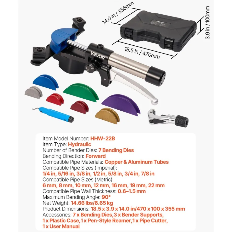 VEVOR Hydraulic Tubing Bender Kit, 1/4 to 7/8 Inch, Copper Tube Pipe Bender, HVAC Bending Tool Set, 90° Bend, with 7 Color Aluminium Alloy Dies, for HVAC Air Conditioning Refrigeration Auto Repair