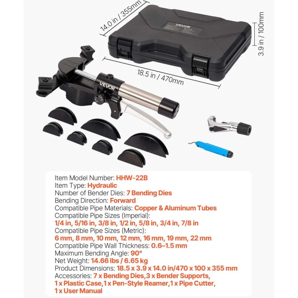 VEVOR Hydraulic Tubing Bender Kit, 1/4 to 7/8 Inch, Copper Tube Pipe Bender, HVAC Bending Tool Set, 90° Bend, with 7 Aluminium Alloy Dies, for HVAC Air Conditioning Refrigeration Automotive Repair