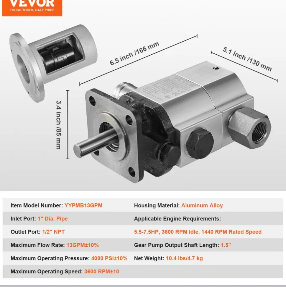 VEVOR Hydraulic Wood Log Splitter Pump Kit, 13 GPM, 2 Stage 4000 PSI Aluminum Hydraulic Gear Pump, with Coupling Installation Base 1/2'' NPT Outlet 3600 RPM, for Small Engine Mounting Log Splitter