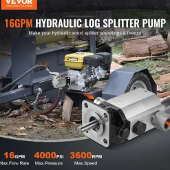 VEVOR Hydraulic Wood Log Splitter Pump Kit, 16 GPM, 2 Stage 4000 PSI Aluminum Hydraulic Gear Pump, with Valve 1'' Inlet 1/2'' NPT Outlet 3600 RPM, for Small Engine Mounting Log Splitters