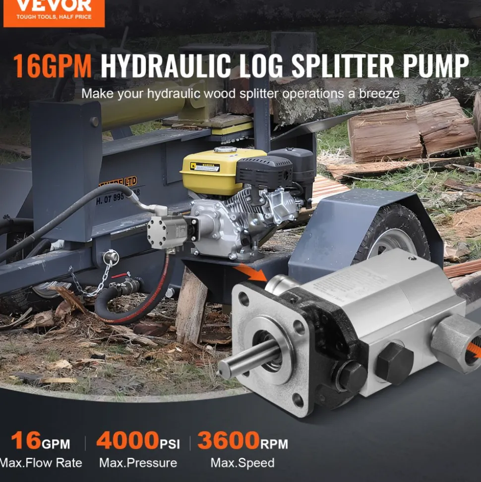 VEVOR Hydraulic Wood Log Splitter Pump Kit, 16 GPM, 2 Stage 4000 PSI Aluminum Hydraulic Gear Pump, with Valve 1'' Inlet 1/2'' NPT Outlet 3600 RPM, for Small Engine Mounting Log Splitters