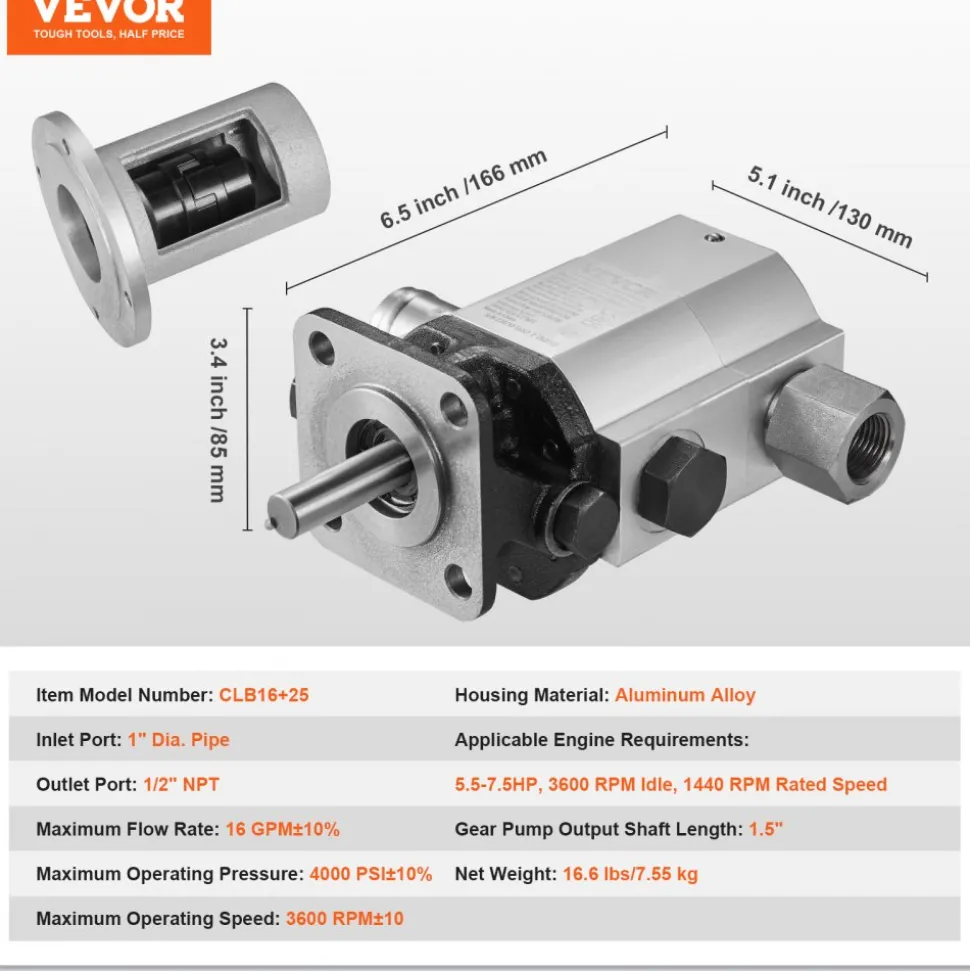 VEVOR Hydraulic Wood Log Splitter Pump Kit, 16 GPM, 2 Stage 4000 PSI Aluminum Hydraulic Gear Pump, with Valve 1'' Inlet 1/2'' NPT Outlet 3600 RPM, for Small Engine Mounting Log Splitters