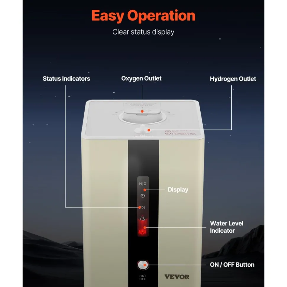 VEVOR Hydrogen Inhalation Machine, 99.99% High Purity Hydrogen Inhaler, HO-Separated 225ml/min (150 H+75 O) Dual Port Hydrogen Oxygen Inhaler, Hydrogen-Rich Water Generator for Home Travel