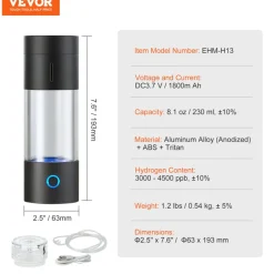 VEVOR Hydrogen Water Bottle Generator, 230 ml / 8.1 oz Capacity Portable Hydrogen Water Maker, SPE Technology Hydrogen Rich Water Ionizer Machine with Nasal Inhalation Tube and Self-Cleaning