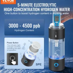 VEVOR Hydrogen Water Bottle Generator, 230 ml / 8.1 oz Capacity Portable Hydrogen Water Maker, SPE Technology Hydrogen Rich Water Ionizer Machine with Nasal Inhalation Tube and Self-Cleaning