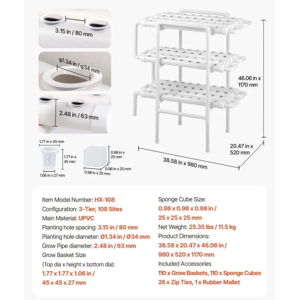 VEVOR Hydroponics Growing System Kit, 3-Tier 108 Sites UPVC Pipe Hydroponic Grow Kit with Timed Irrigation, Thickened Hydroponic Pipes, Indoor Home Garden Vegetable Planting Grow Kits for Fruit Herb