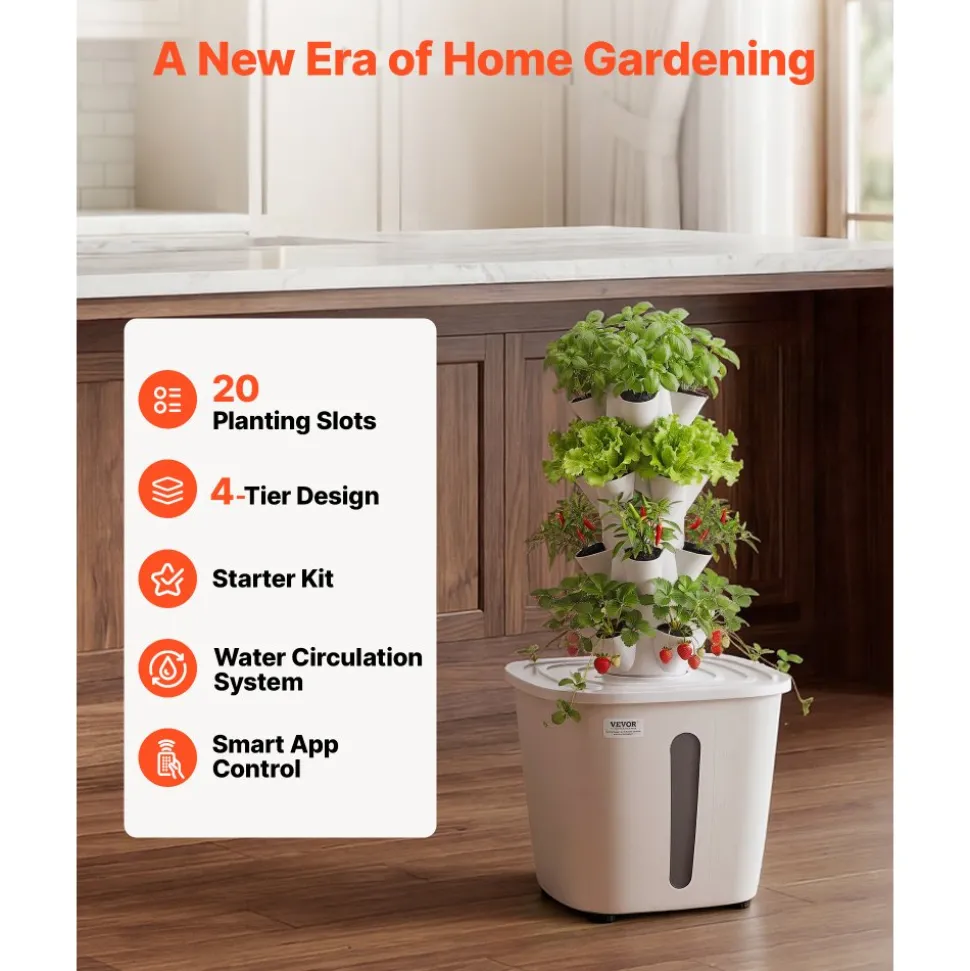 VEVOR Hydroponic Tower, 20 Pods 4 Tiers Hydroponics Growing System Kit, Vertical Home Hydronic Garden with 20L Water Tank & Pump, Planter Plants Germination Kit for Indoor Herbs, Fruits, Vegetables