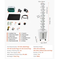 VEVOR Hydroponic Tower, 50 Pods 10 Tiers Hydroponics Growing System Kit with App Control & Casters, Vertical Home Garden with 20L Water Tank & Pump, Planter for Indoor Herbs, Fruits and Vegetables