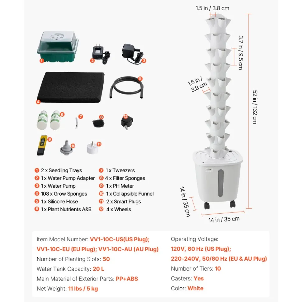 VEVOR Hydroponic Tower, 50 Pods 10 Tiers Hydroponics Growing System Kit with App Control & Casters, Vertical Home Garden with 20L Water Tank & Pump, Planter for Indoor Herbs, Fruits and Vegetables