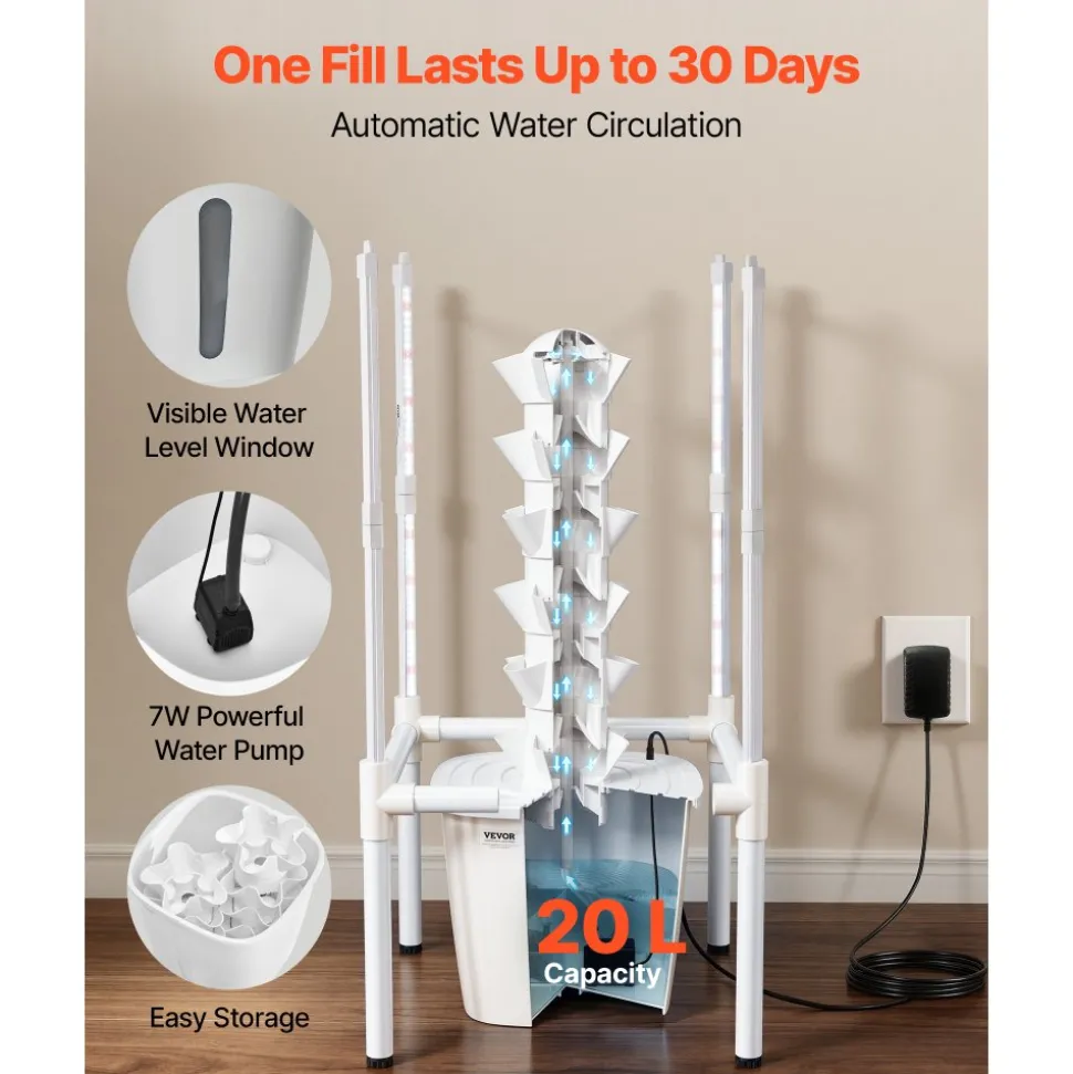 VEVOR Hydroponic Tower, 30 Pods 6 Tiers Hydroponics Growing System Kit with LED Grow Light & App Control, Vertical Home Garden with 20L Water Tank & Pump, Planter for Indoor Herbs, Fruits, Vegetables