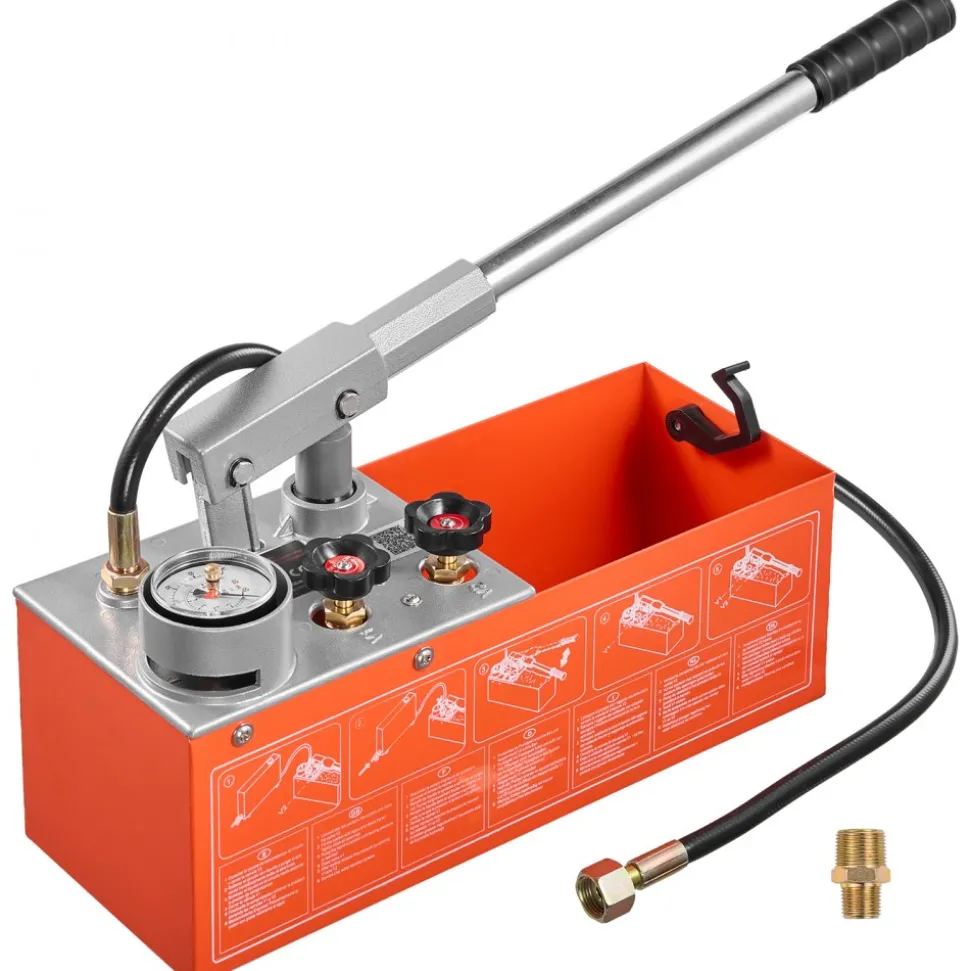 VEVOR Hydrostatic Test Pump 2 Gallon Hydraulic Manual Water Pressure Tester, Dual Valve Hydrostatic Water Pipe Leakage Pressure Test Pump Kit with Gauge & Tank, 0-60 Bar Range, for Pipeline, Heating