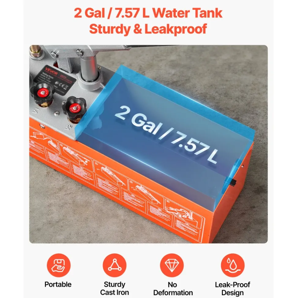 VEVOR Hydrostatic Test Pump 2 Gallon Hydraulic Manual Water Pressure Tester, Dual Valve Hydrostatic Water Pipe Leakage Pressure Test Pump Kit with Gauge & Tank, 0-60 Bar Range, for Pipeline, Heating