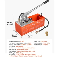 VEVOR Hydrostatic Test Pump 2 Gallon Hydraulic Manual Water Pressure Tester, Dual Valve Hydrostatic Water Pipe Leakage Pressure Test Pump Kit with Gauge & Tank, 0-60 Bar Range, for Pipeline, Heating