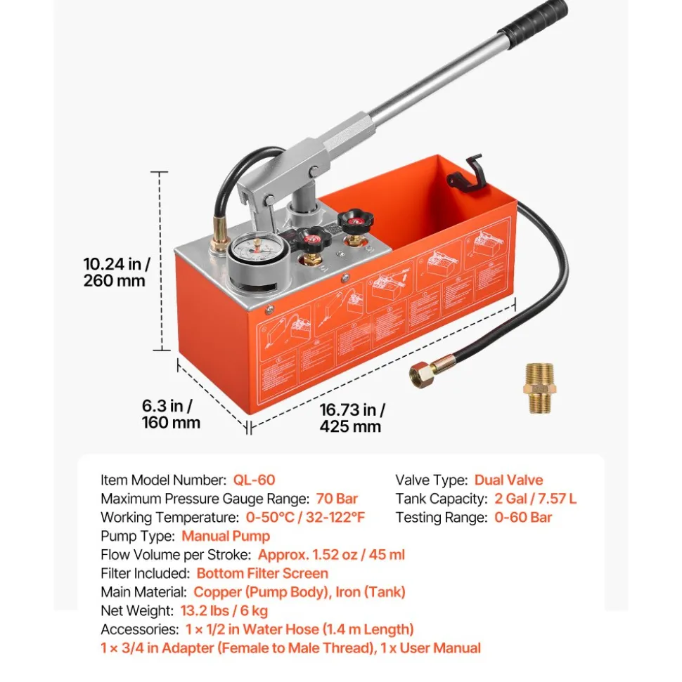 VEVOR Hydrostatic Test Pump 2 Gallon Hydraulic Manual Water Pressure Tester, Dual Valve Hydrostatic Water Pipe Leakage Pressure Test Pump Kit with Gauge & Tank, 0-60 Bar Range, for Pipeline, Heating